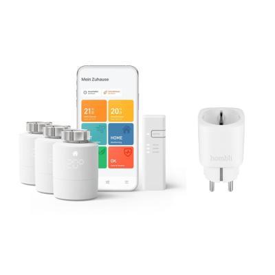 tado° Smartes Heizkörper-Thermostat Starter Kit V3+ mit 3 Thermostaten & Bridge + Hombli Smart Steckdose