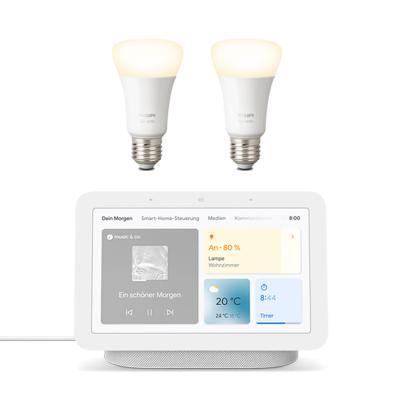 Google Nest Hub (2. Generation) + Philips Hue White E27 Bluetooth - LED-Lampe 2er-Set