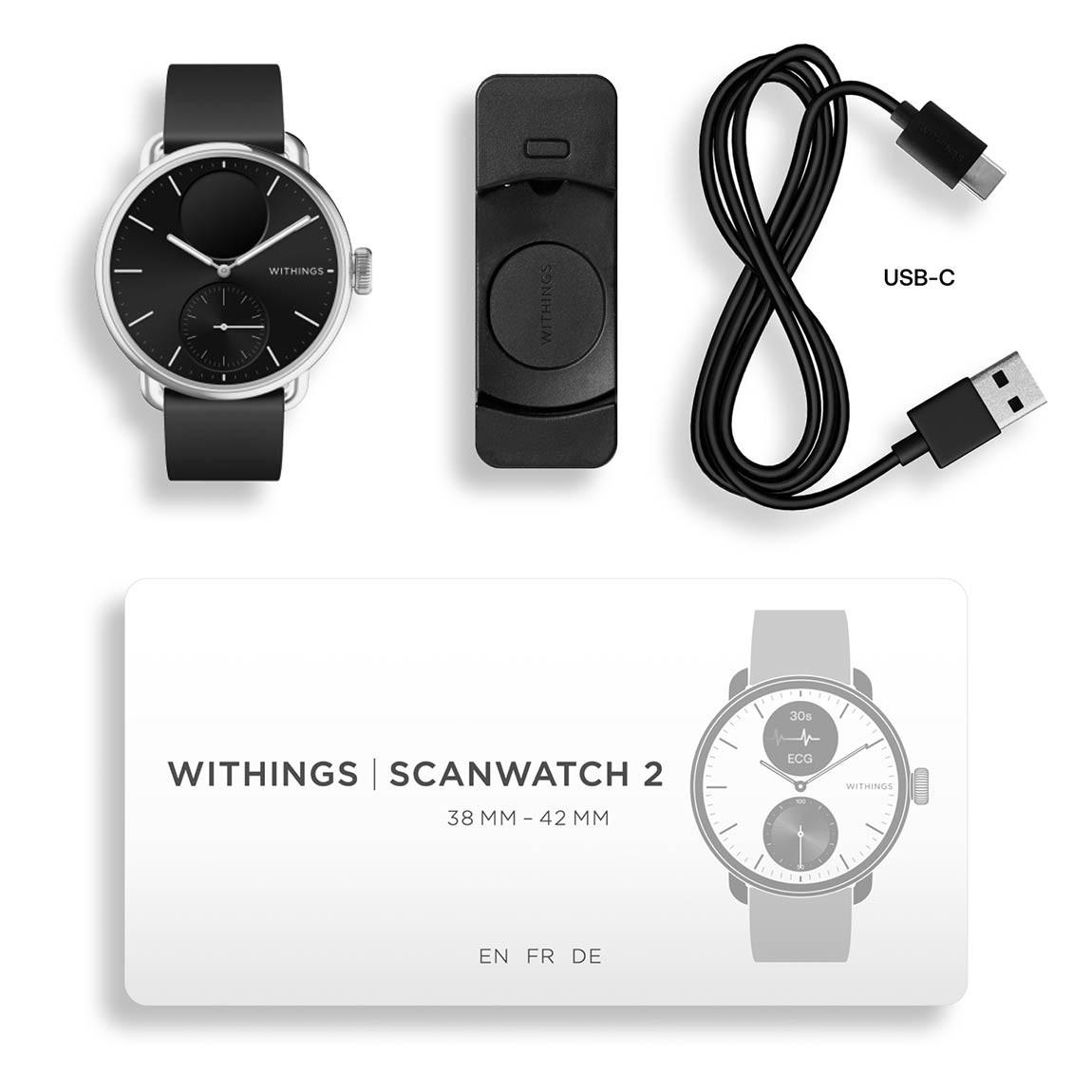 Withings Scanwatch 2 - Hybrid Smartwatch mit Überwachung der Herzgesundheit - Schwarz und 38 mm_lieferumfang