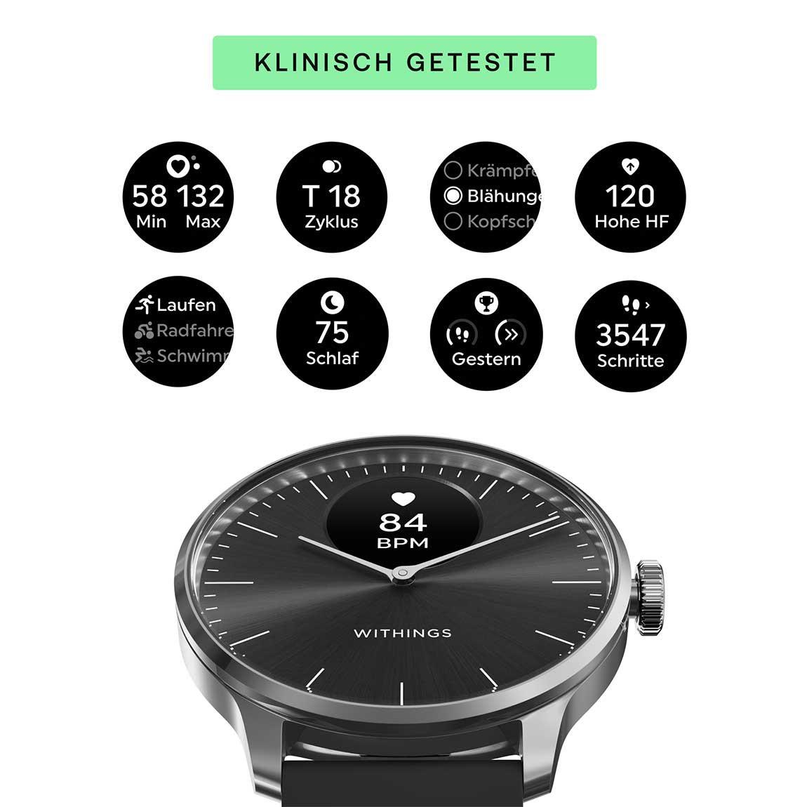 Withings ScanWatch Light - Hybrid Smartwatch für tägliches Gesundheitstracking mit 37 mm Armband - Schwarz_funktionen