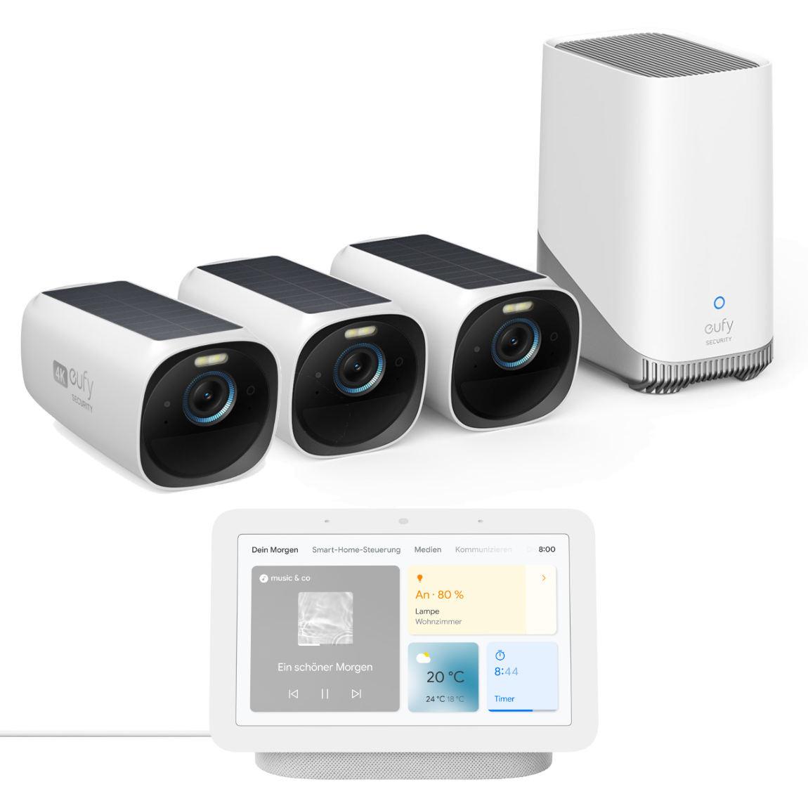 eufyCam 3 Starter Set 3+1 - 3er-Kameraset mit HomeBase 3 + Google Nest Hub