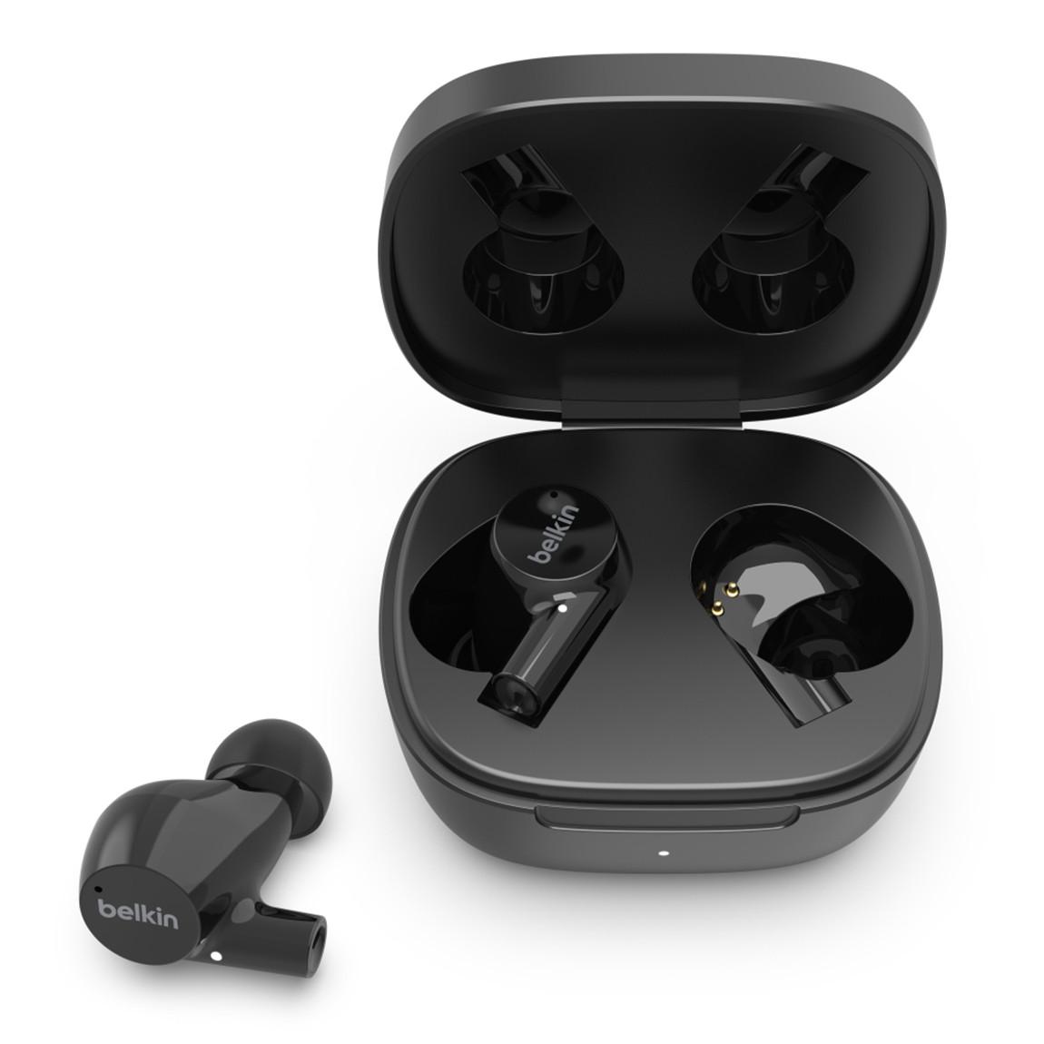 Belkin Soundform Rise - Bluetooth In-Ear-Kopfhörer + Drahtloses Ladegerät (10 W)_Belkin Soundform Rise offenes Ladecase mit Earbuds