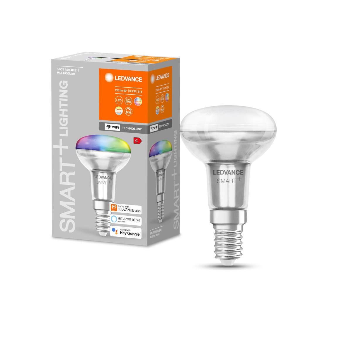 Ledvance WiFi SMART+ Spot Concentra E14 Farbig_Lampe mit Verpackung
