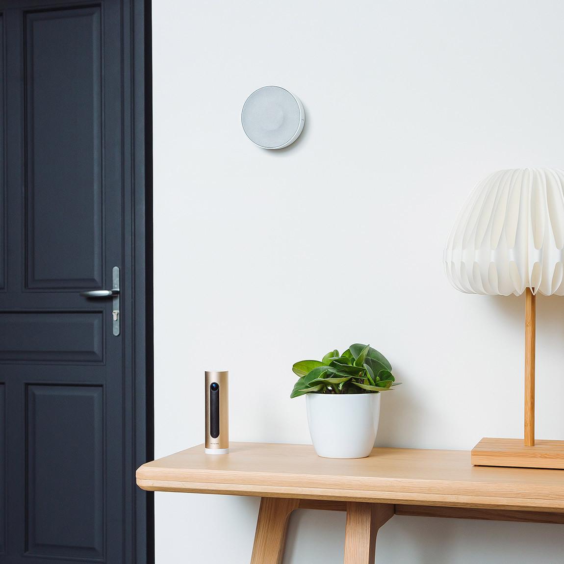 Netatmo smarte Innen-Alarmsirene mit Innenkamera an der Wand neben der Tür