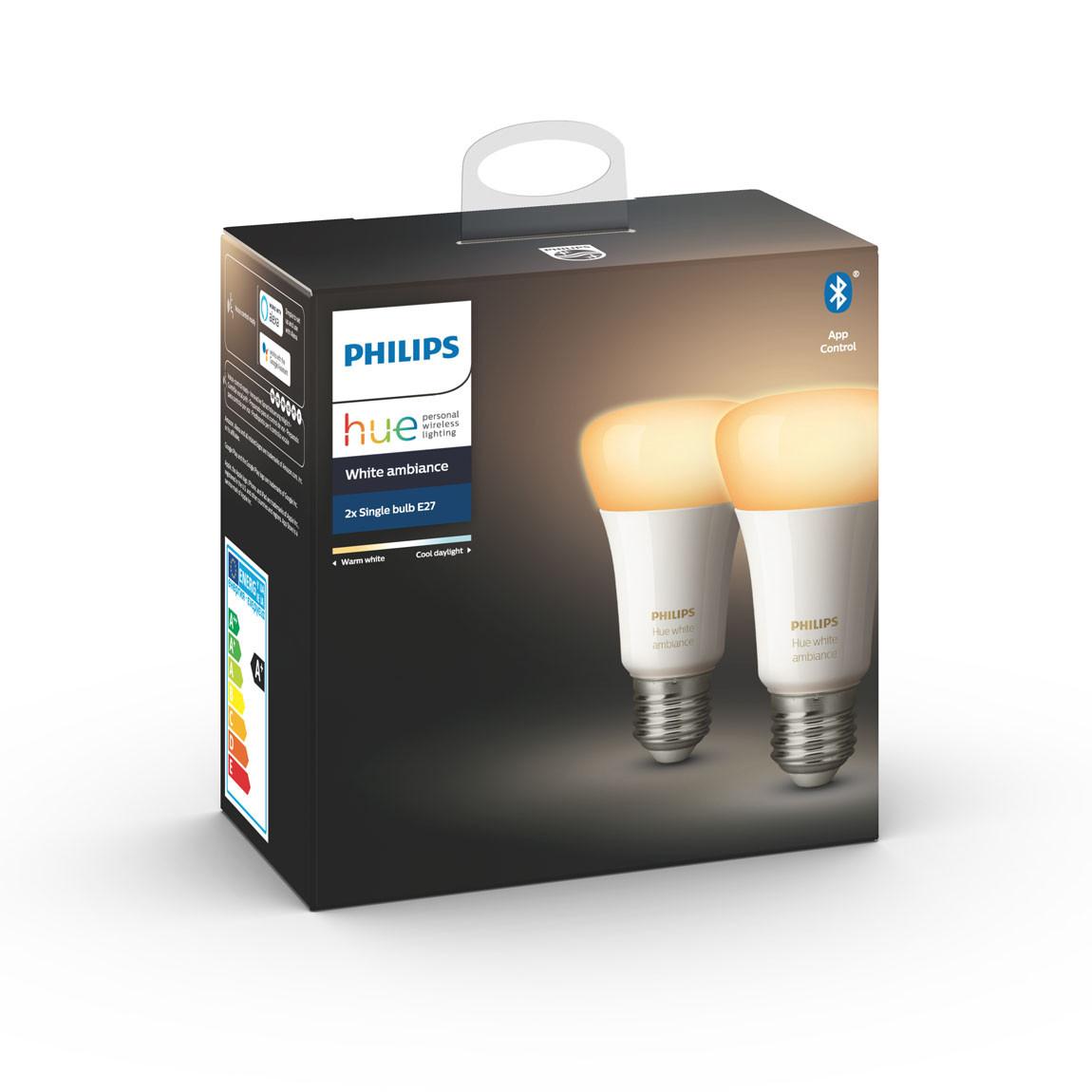 Philips Hue White Ambiance E27 Bluetooth 2er-Set Verpackung schräge Ansicht