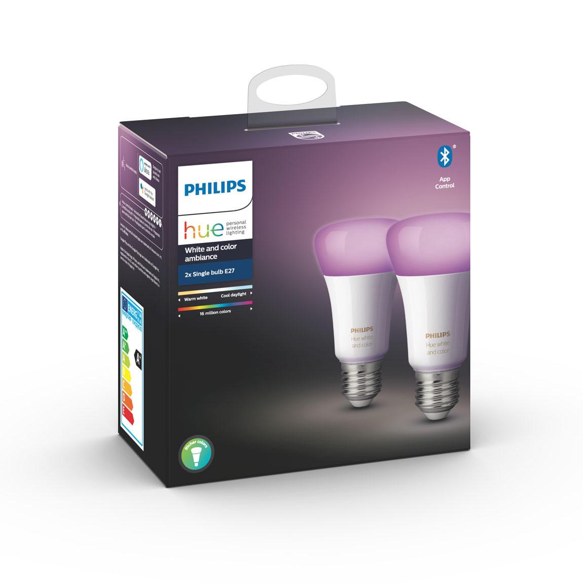 Philips Hue White and Color Ambiance E27 Bluetooth 2er-Set Verpackung schräge Ansicht 