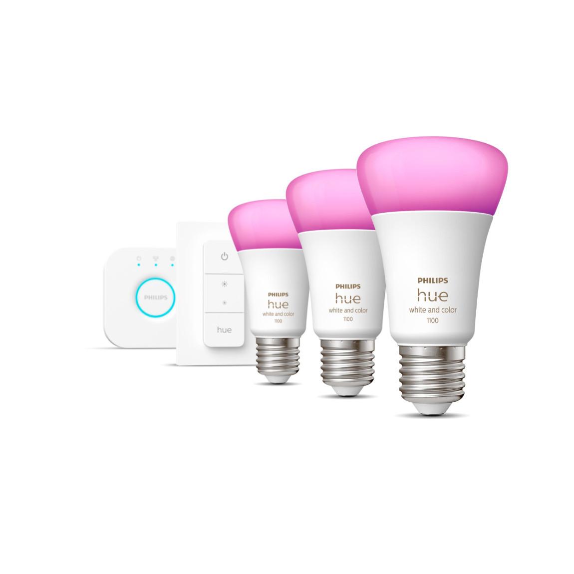 Philips Hue White & Color Ambiance E27 1100lm 3er Starter-Set + Dimmschalter an