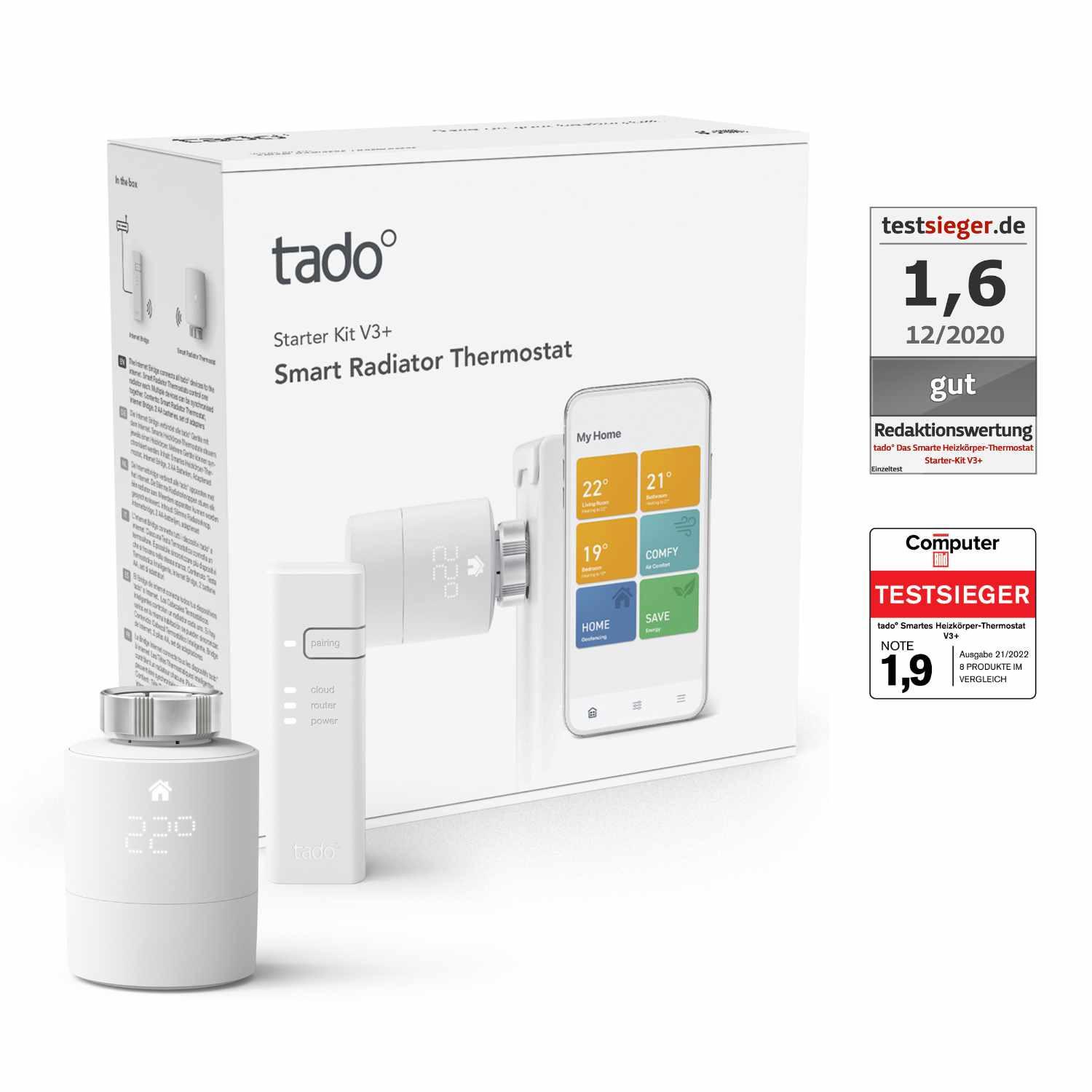 tado° Smartes Heizkörper-Thermostat Starter Kit V3+ mit 4 Thermostaten & Bridge zur Einzelraumsteuerung