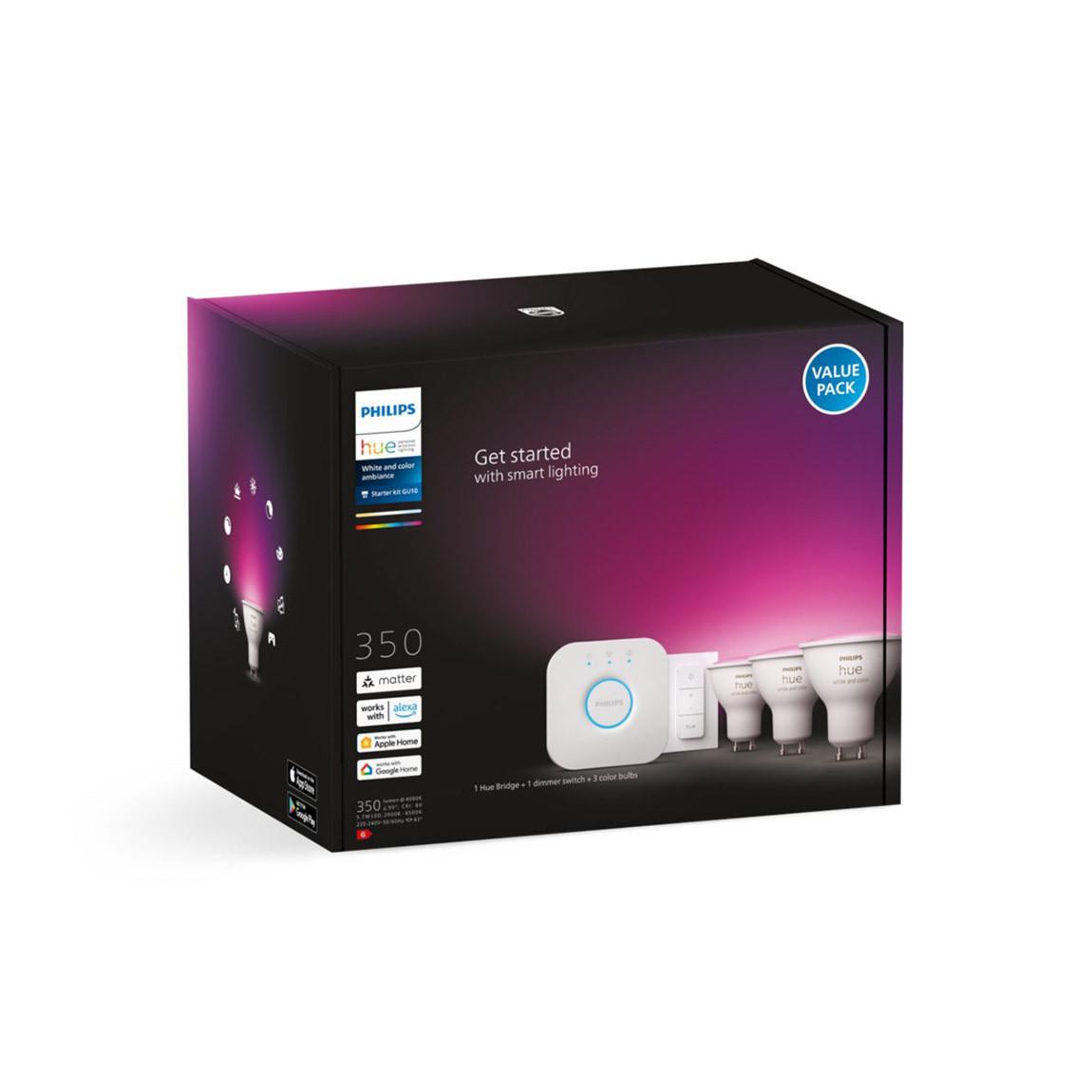 Philips Hue White & Color Ambiance GU10 Bluetooth Starter Kit - 3 Lampen, Bridge, Dimmschalter