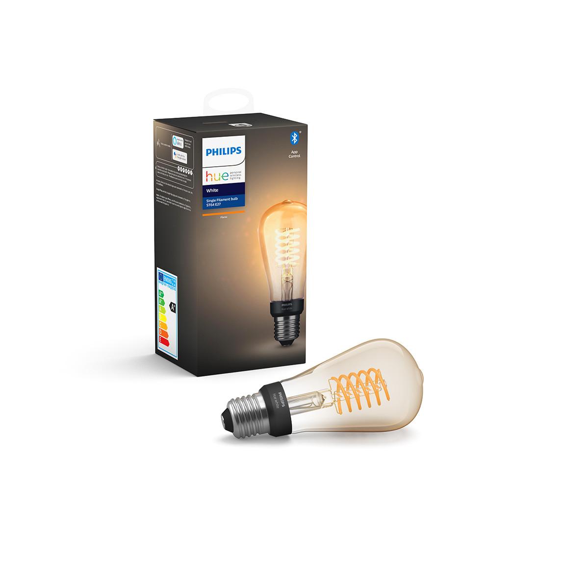 Philips Hue White Filament Edison E27 Bluetooth - Filament-Lampe - Weiß Verpackung mit Lampe daneben