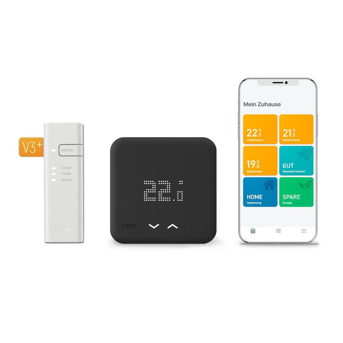 tado° Starter Kit - Smartes Thermostat V3+ (Verkabelt) Black Edition für Wohnungen mit Raumthermostat
