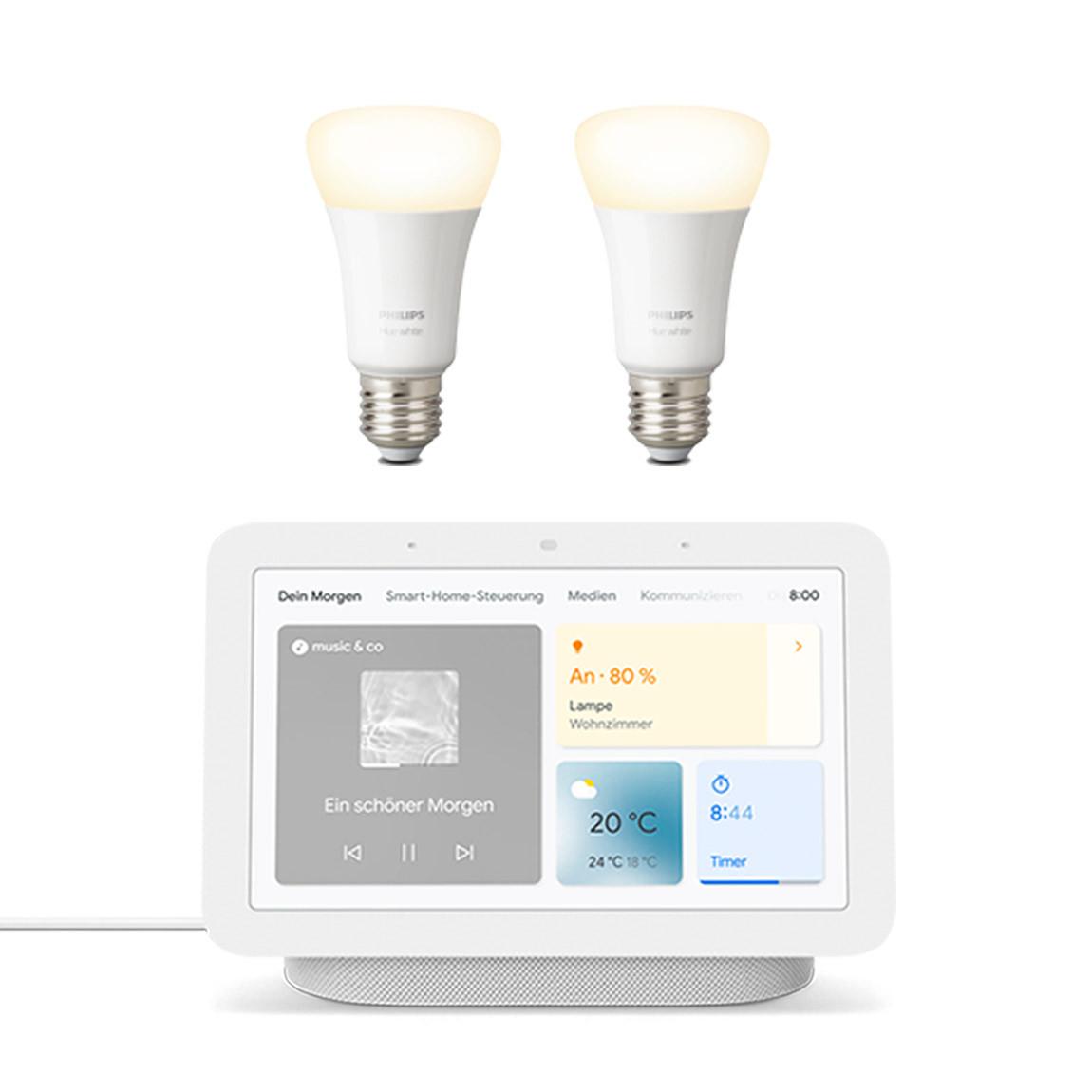 Google Nest Hub + gratis Philips Hue White E27 - LED-Lampe 2er-Set