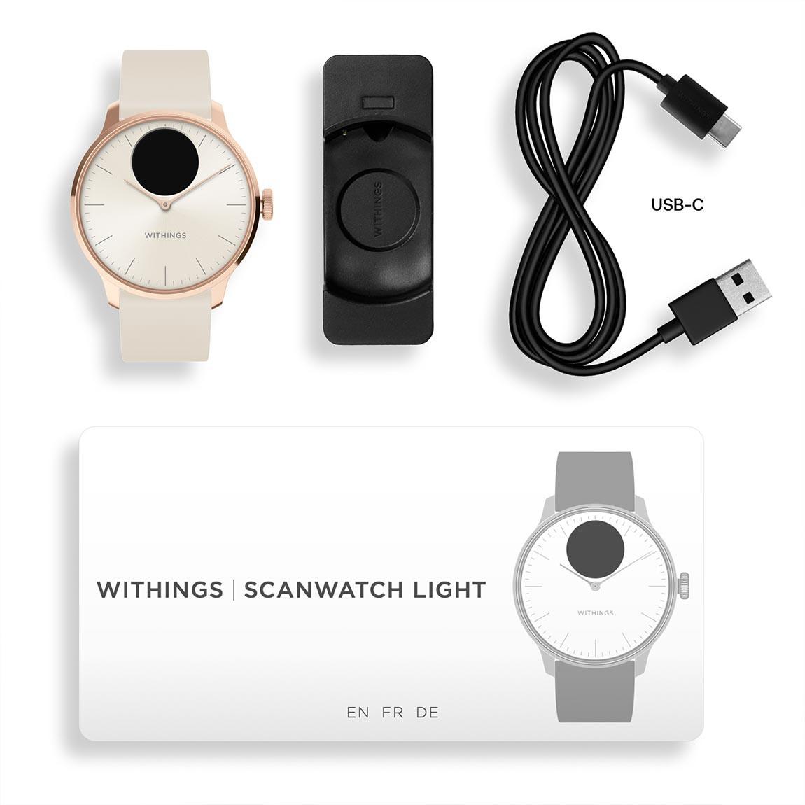 Withings ScanWatch Light - Hybrid Smartwatch für tägliches Gesundheitstracking mit 37 mm Armband - Rose Gold_lieferumfang