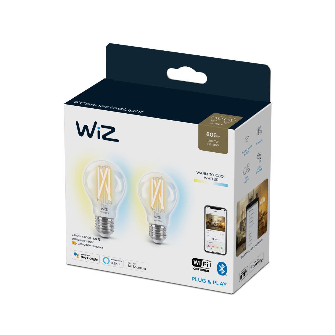 WiZ 60W E27 Standardform Filament Clear Warm- und Kaltweiß 2er-Pack_Verpackung