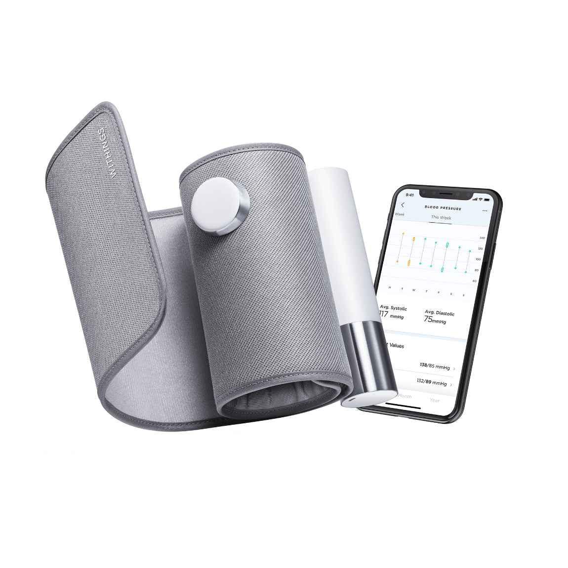 Withings BPM Core - Kabelloses Blutdruckmessgerät mit LED-Display - Grau schraeg offen mit App