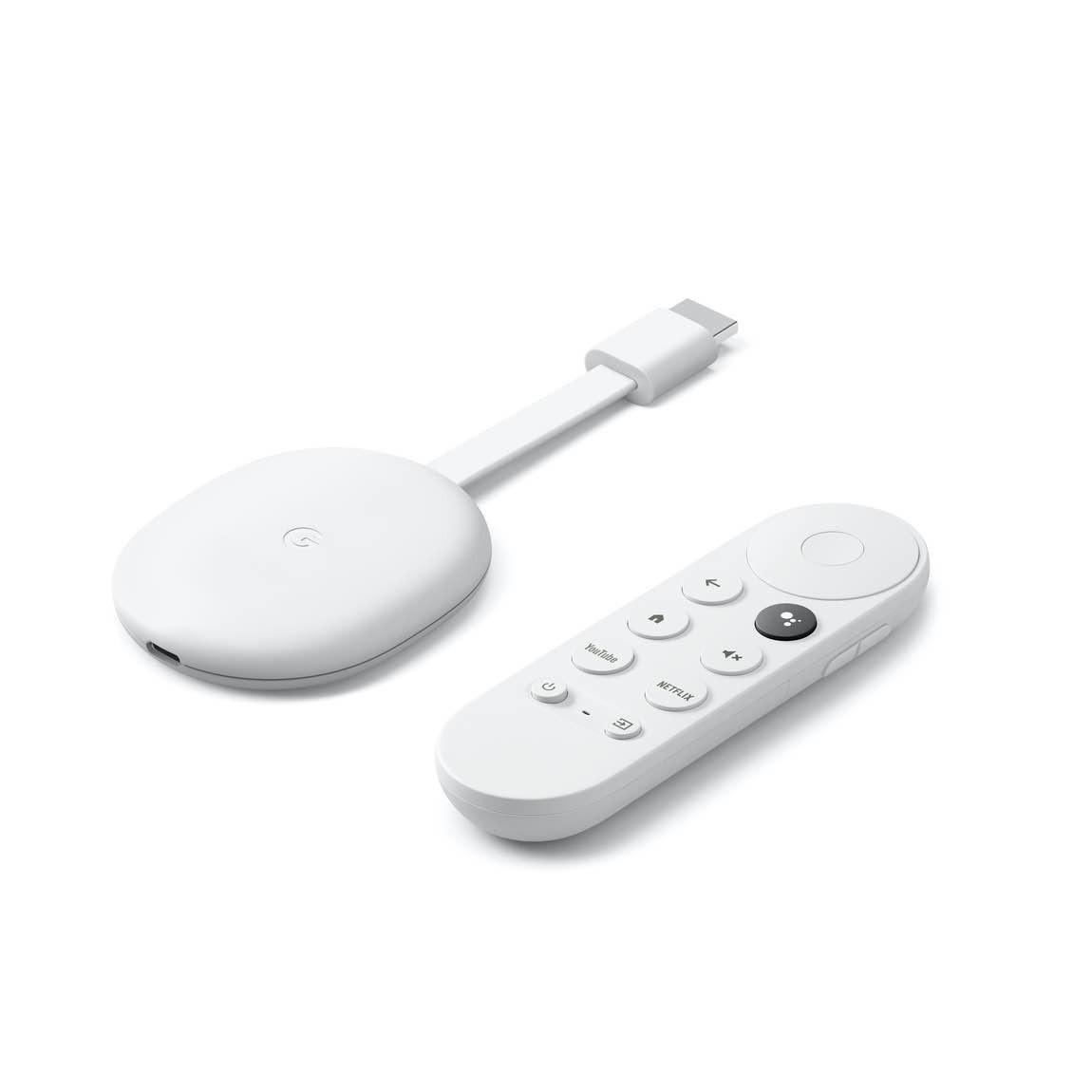 Chromecast mit Google TV mit Fernbedienung schräge Ansicht