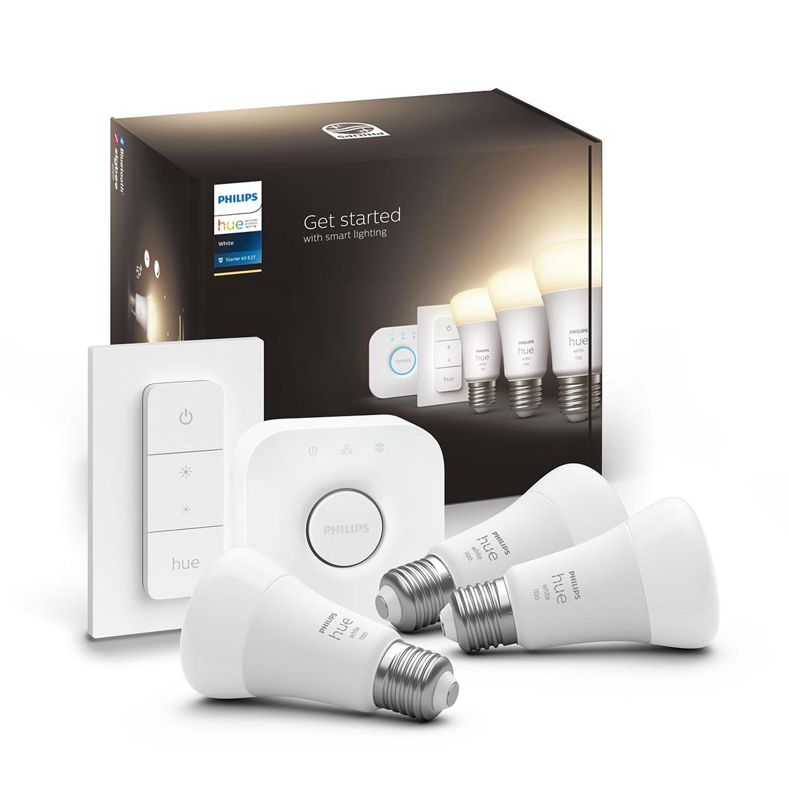 Philips Hue White E27 Bluetooth Starter Kit - 3 Lampen, Bridge, Dimmschalter Verpackung