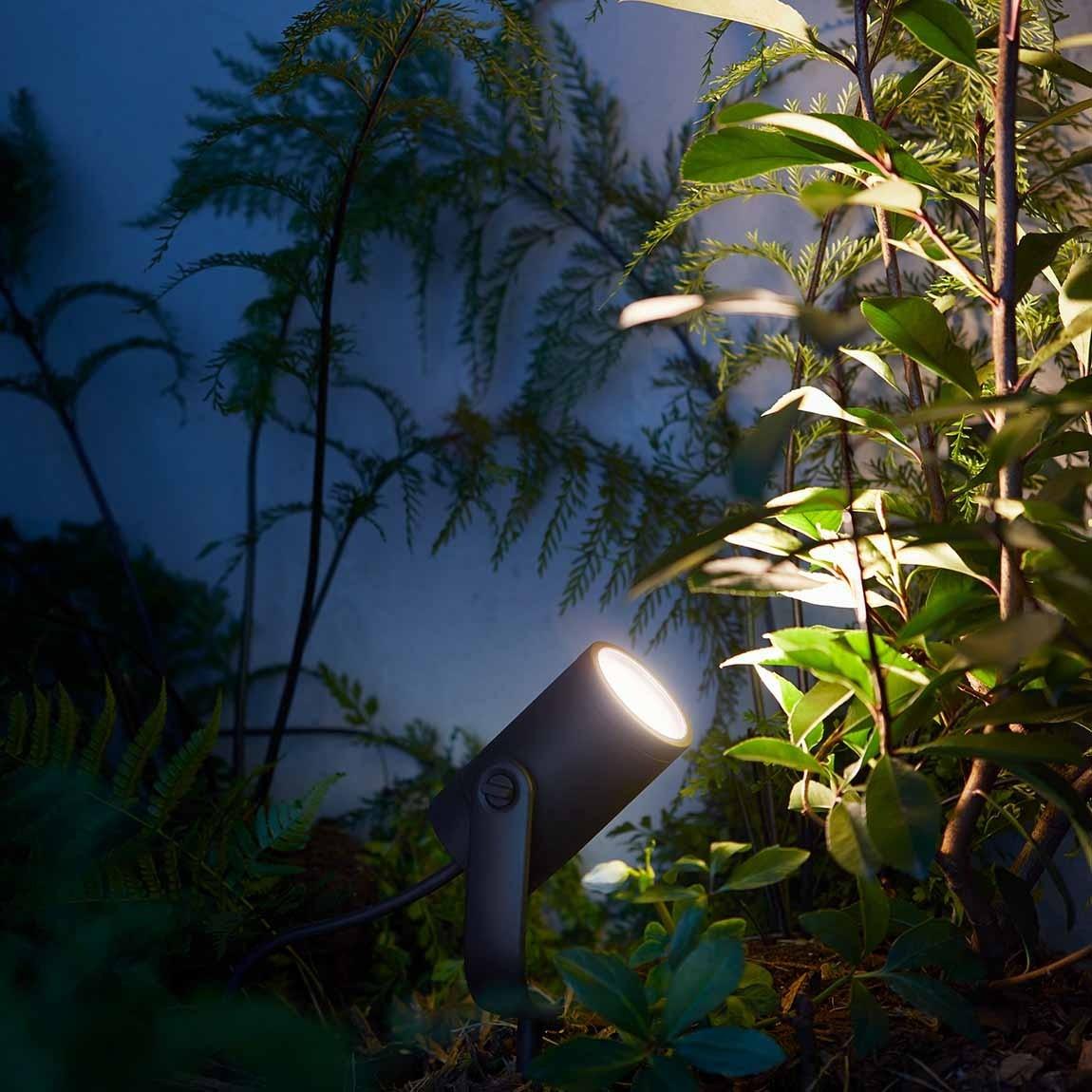 Philips Hue LED Spot Lily 1flg. 700lm Base Kit - Schwarz, im Garten bei Nacht