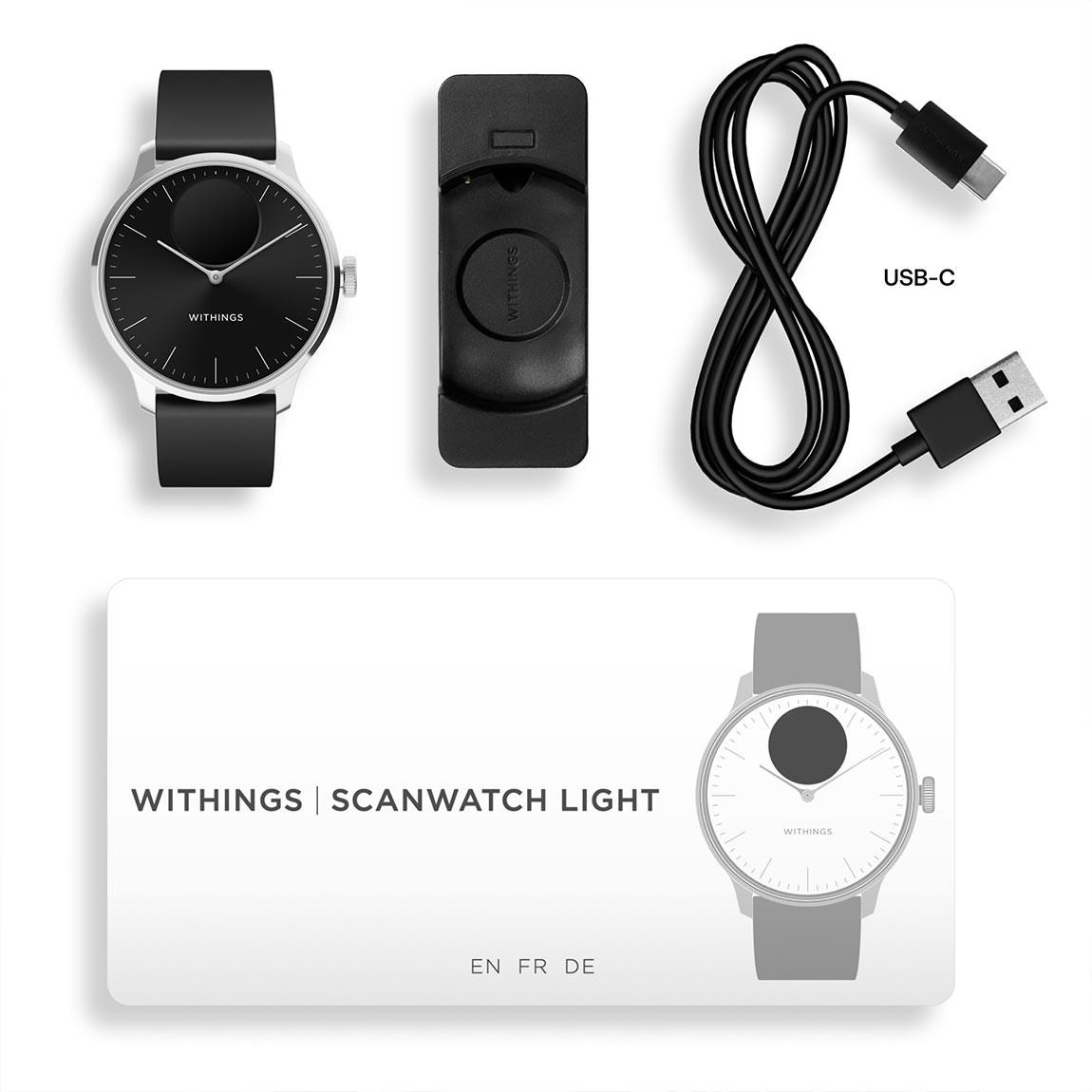 Withings ScanWatch Light - Hybrid Smartwatch für tägliches Gesundheitstracking mit 37 mm Armband - Schwarz_lieferumfang